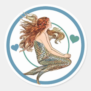 Sticker Rond Fête d'anniversaire de sirène adorable corail bleu