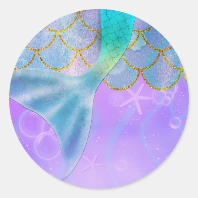 Sticker Rond Fête d'anniversaire de sirène avec reflets de perl (Devant)