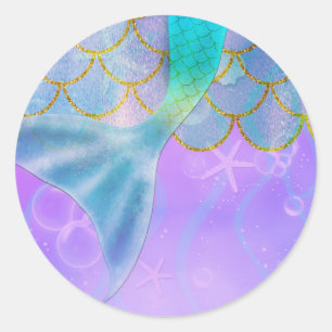 Sticker Rond Fête d'anniversaire de sirène avec reflets de perl