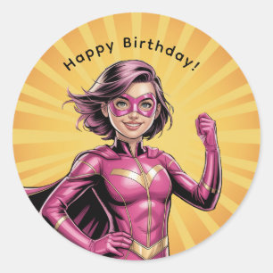 Sticker Rond Fête d'anniversaire de super-héroïne rose