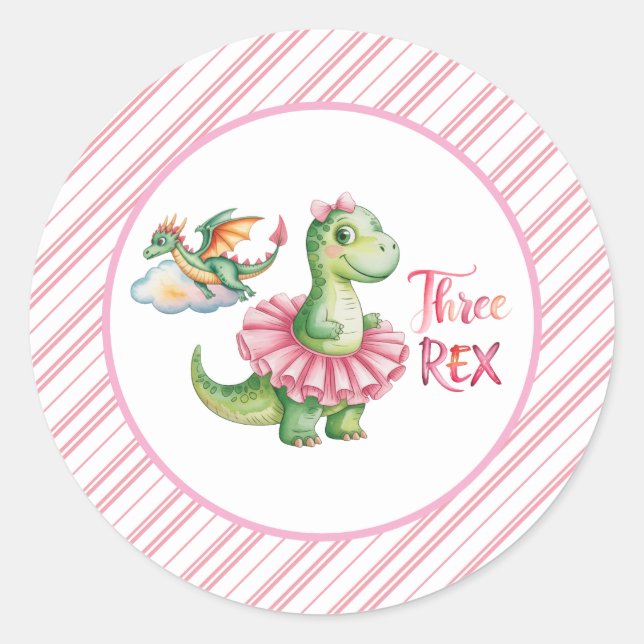 Sticker Rond Fête d'Anniversaire de Trois Rex Girl (Devant)