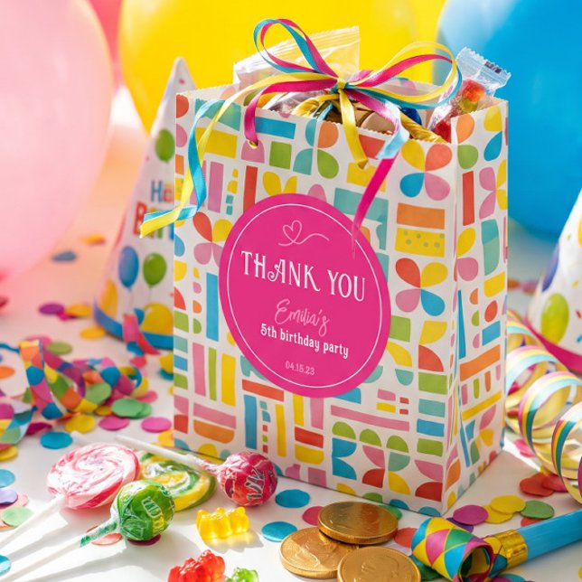 Sticker Rond Fête d'anniversaire d'enfants Rose Clair Merci  (Créateur téléchargé)