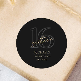 Sticker Rond Fête d'anniversaire des 16 ans Modern Black Gold