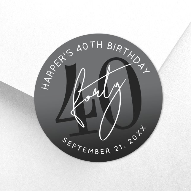 Sticker Rond Fête d'anniversaire des 40 ans noir moderne (Modern Black 40th Birthday Party Classic Round Sticker)