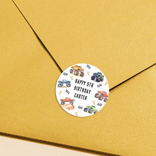 Sticker Rond Fête d'anniversaire des Enfants Monster Trucks