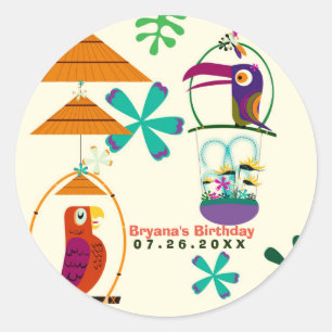 Sticker Rond Fête d'anniversaire des oiseaux Tiki Vintage Retro
