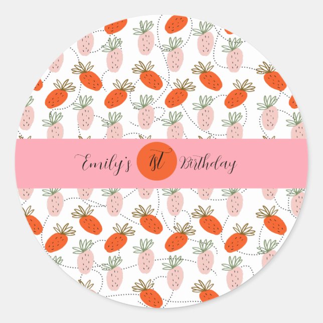 Sticker Rond Fête d'anniversaire doodle fraises rose blanc (Devant)