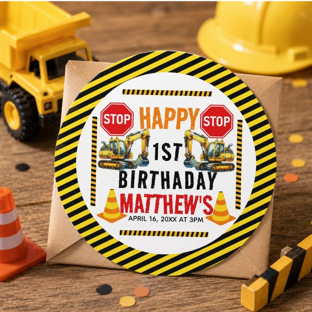 Sticker Rond Fête d'anniversaire du 1er anniversaire d'un camio (Construction Dump Truck 1st Birthday Party Classic Round Sticker)