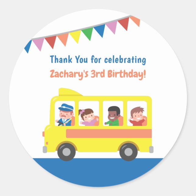 Sticker Rond Fête d'anniversaire du bus scolaire jaune Merci (Devant)