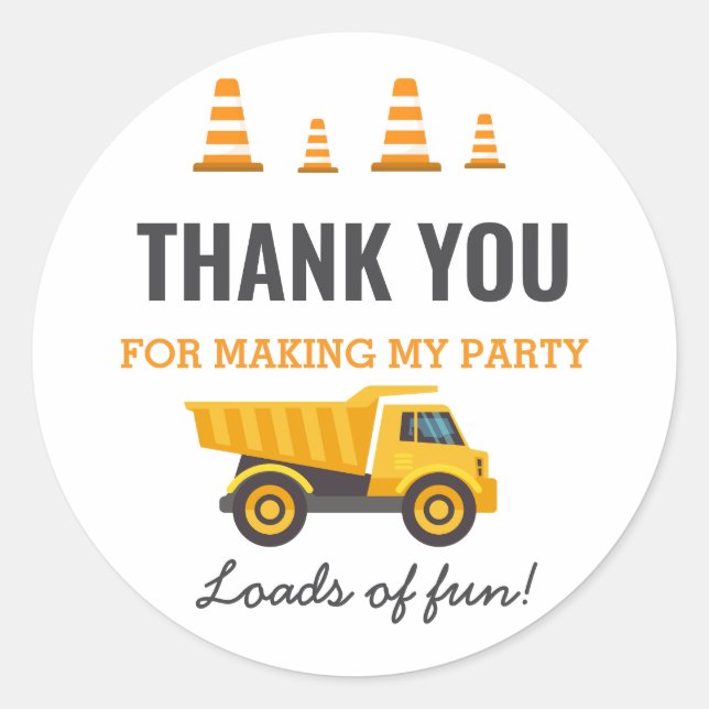 Sticker Rond Fête d'anniversaire du camion de construction (Devant)