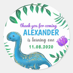 Sticker Rond Fête d'anniversaire du Cute Blue Dinosaur  Merci