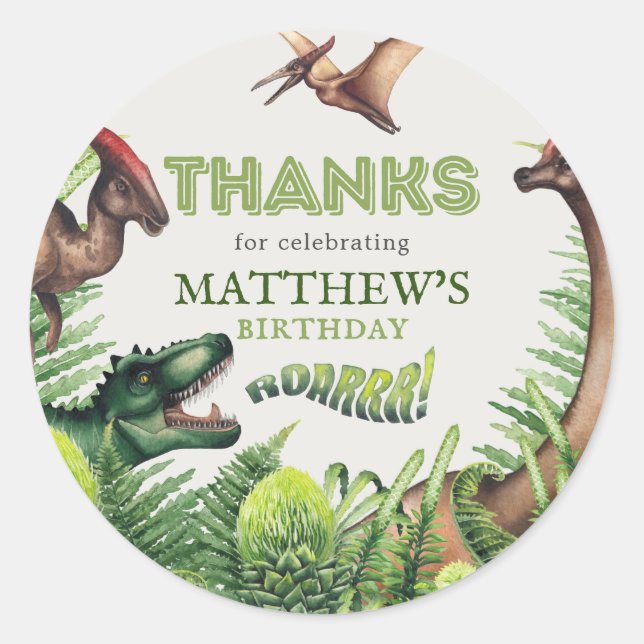 Sticker Rond Fête d'anniversaire du dinosaure T-Rex Merci (Devant)