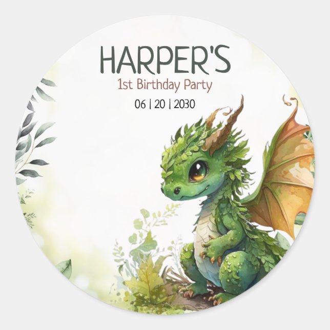 Sticker Rond Fête d'anniversaire du dragon éditable 1er anniver (Devant)