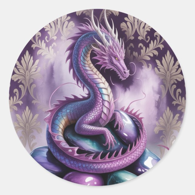 Sticker Rond Fête d'anniversaire du Dragon Gothique Violet (Devant)