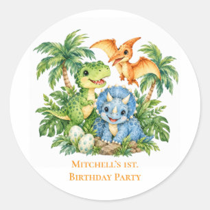 Sticker Rond Fête d'anniversaire du garçon à la jungle des dino