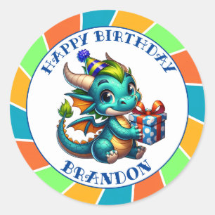 Sticker Rond Fête d'anniversaire du garçon à thème Dragon