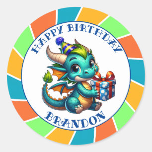 Sticker Rond Fête d'anniversaire du garçon à thème Dragon