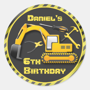 Sticker Rond Fête d'anniversaire en construction personnalisé