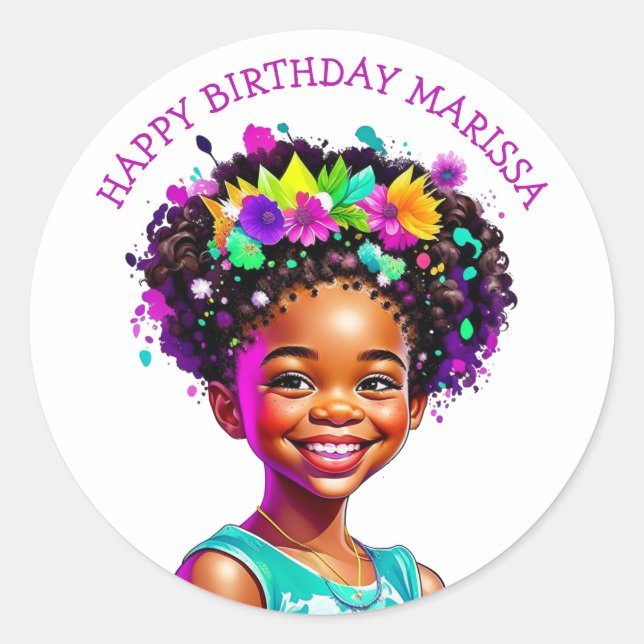 Sticker Rond Fête d'anniversaire Fille afro-américaine personna (Devant)