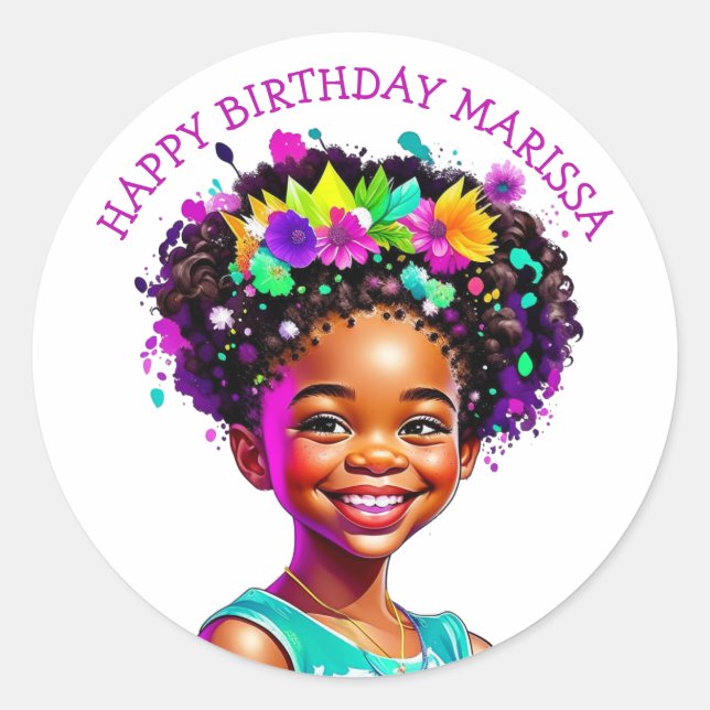 Sticker Rond Fête d'anniversaire Fille afro-américaine personna (Devant)