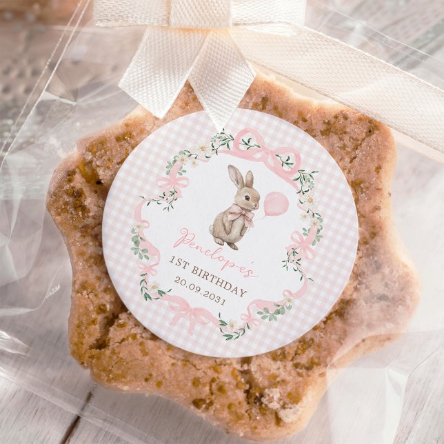 Sticker Rond Fête d'anniversaire fille ballon lapin à ruban ros (Créateur téléchargé)