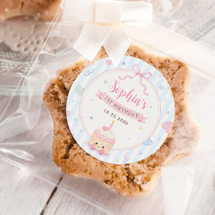 Sticker Rond Fête d'anniversaire fille gâteau pastel Premier an