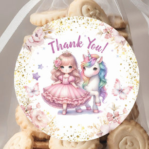 Sticker Rond Fête d'anniversaire fille Princesse Licorne Rose O
