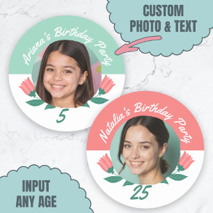 Sticker Rond Fête d'anniversaire Floral Nom photo Tout âge