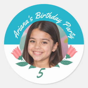 Sticker Rond Fête d'anniversaire Floral Nom photo Tout âge
