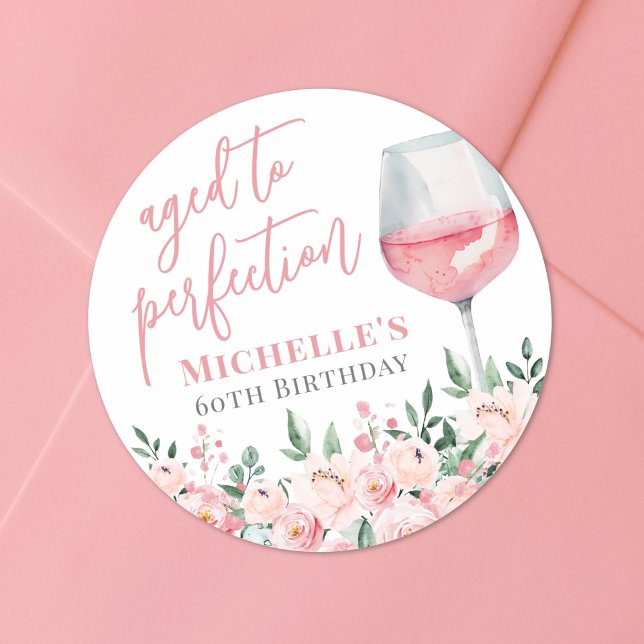 Sticker Rond Fête d'anniversaire Florale au Vin (Wine Floral Birthday Party Classic Round Sticker)