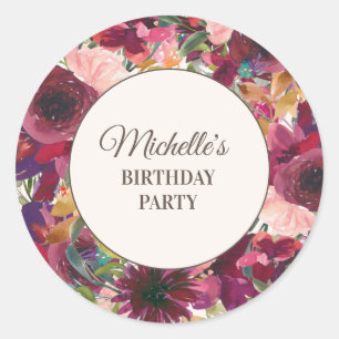 Sticker Rond Fête d'anniversaire florale rose Burgundy