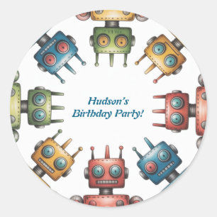 Sticker Rond Fête d'anniversaire garcon Robots Rétro Colorés
