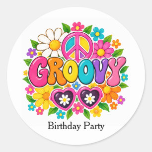 Sticker Rond Fête d'anniversaire Groovy Flower Power Girl