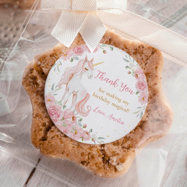 Sticker Rond Fête d'anniversaire licorne florale rose (Créateur téléchargé)