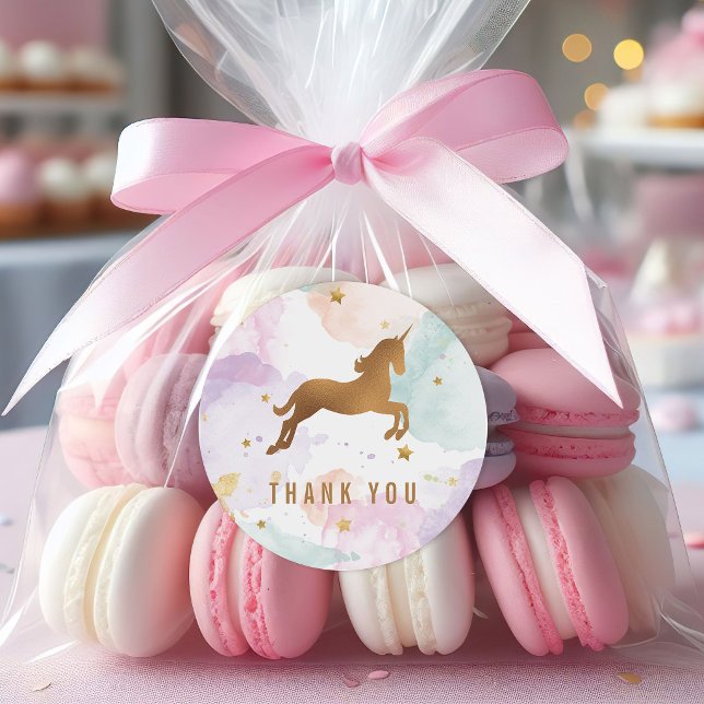 Sticker Rond Fête d'anniversaire licorne pastel Merci (pastel rainbow unicorn thank you stickers)