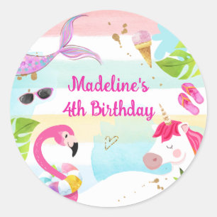 Sticker Rond Fête d'anniversaire Licorne Sirène Flamant Rose Pi