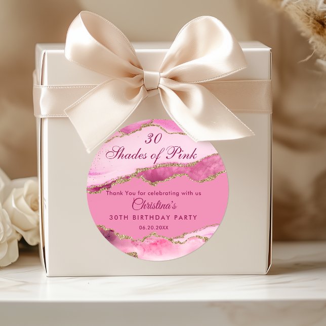 Sticker Rond Fête d'anniversaire moderne 30 nuances de rose (Elegant Shades of pink 30th birthday party favors stickers)