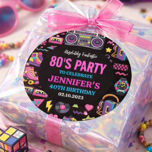 Sticker Rond Fête d'anniversaire Moderne Rétro Néon des Années