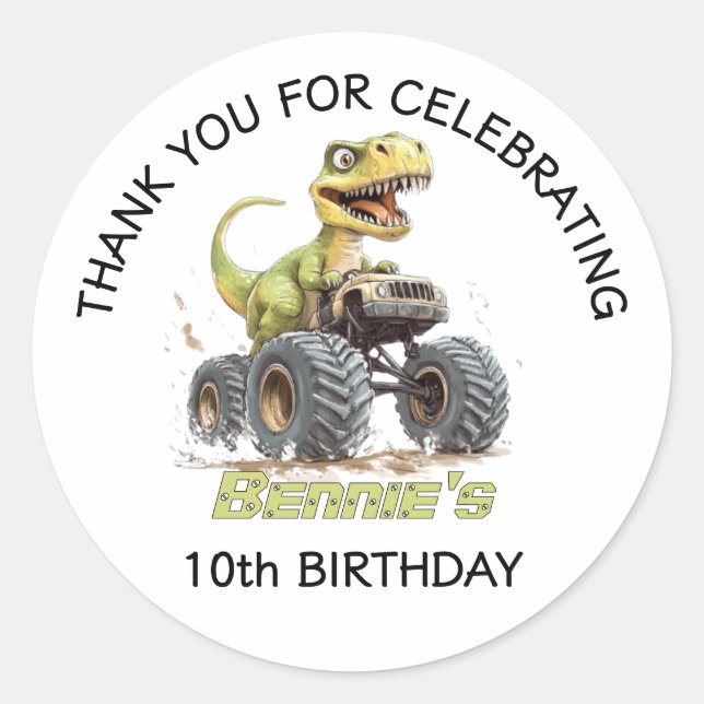 Sticker Rond Fête D'Anniversaire Monster Truck Et T-Rex Dinosau (Devant)