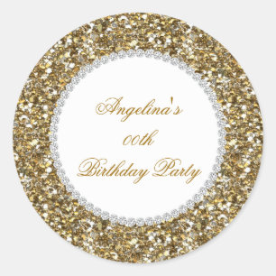 Sticker Rond Fête d'anniversaire paillettes dorées avec bordure