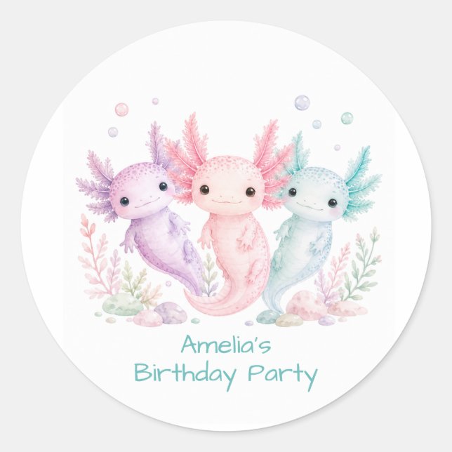 Sticker Rond Fête d'anniversaire Pastel Axolotl (Devant)