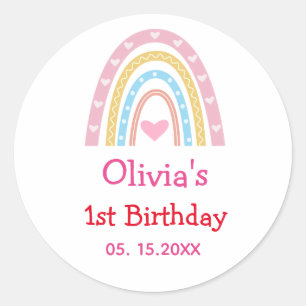 Sticker Rond Fête d'anniversaire pastel boho arc-en-ciel avec c