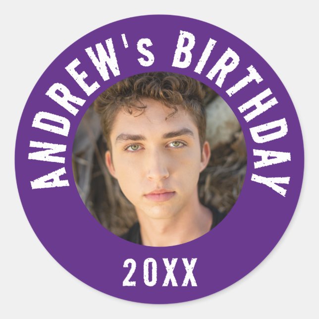 Sticker Rond Fête d'anniversaire photo violet moderne cool (Devant)