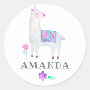 Sticker Rond Fête d'anniversaire pour enfants Llama aquarelle