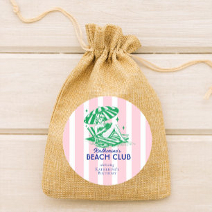 Sticker Rond Fête d'anniversaire rayure cabane rose Beach Club