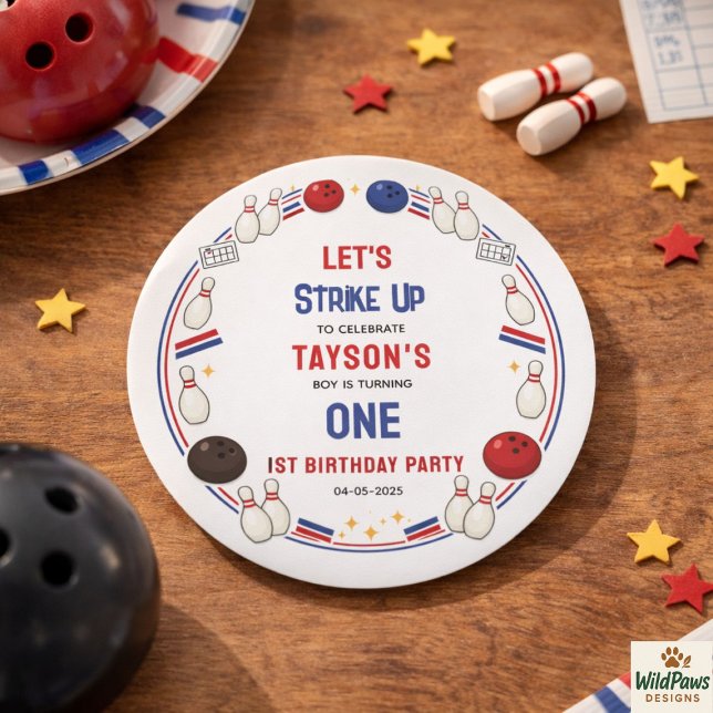 Sticker Rond Fête d'anniversaire Rétro Bowling 1ère année - Enf (Retro Bowling 1st Birthday Party – Fun Kids Classic Round Sticker
)