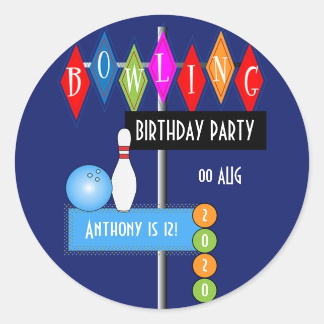Sticker Rond Fête d'anniversaire rétro de bowling bleu royal (Devant)