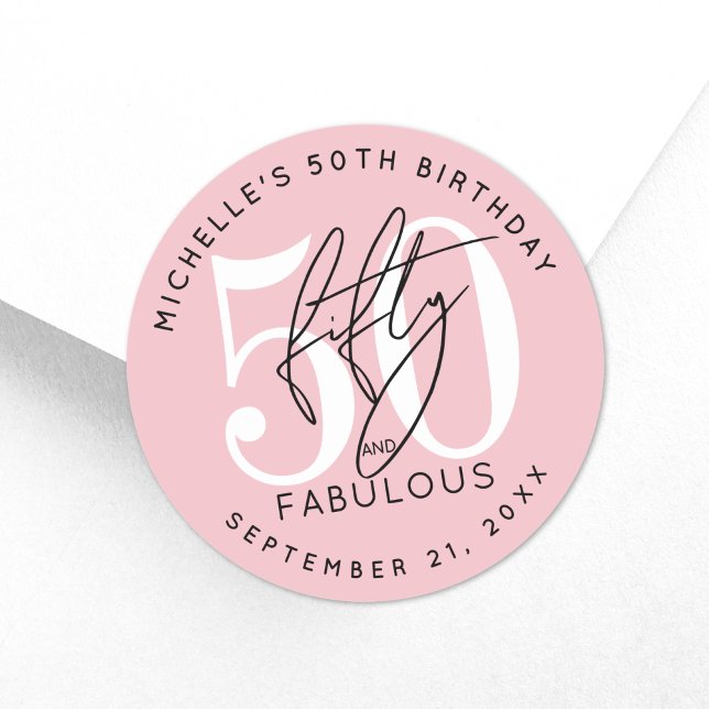 Sticker Rond Fête d'anniversaire rose pour 50 ans (Fifty Fabulous Pink 50th Birthday Party Classic Round Sticker )