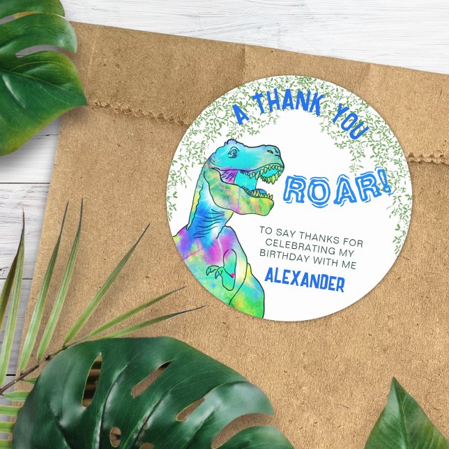 Sticker Rond Fête d'anniversaire Rugissement de dinosaure T-Rex (T-Rex Roar Dinosaur Birthday Party Thank You favor sticker personalized name)