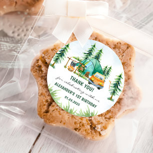 Sticker Rond Fête d'anniversaire rustique de Camping Mountain